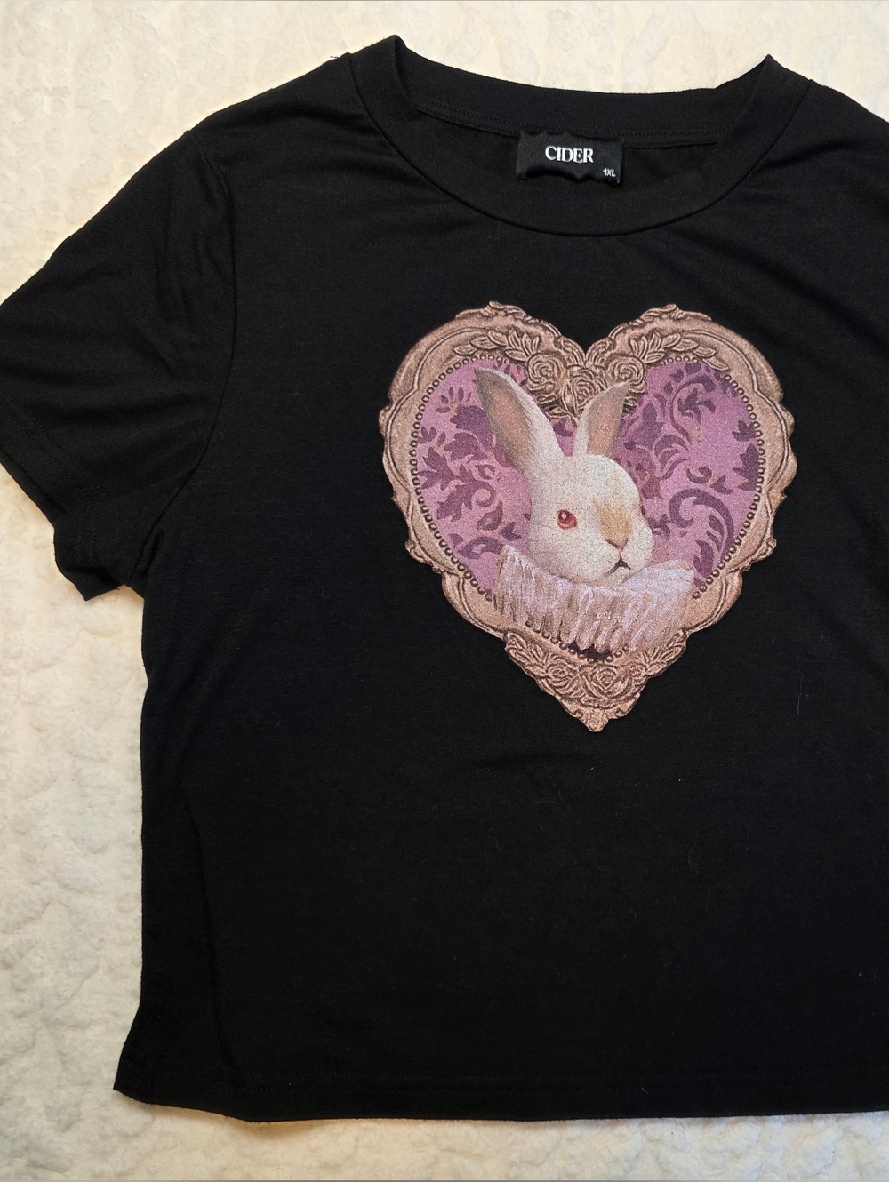 Cider Black Tee with Pink and Purple Heart Bunny Patch